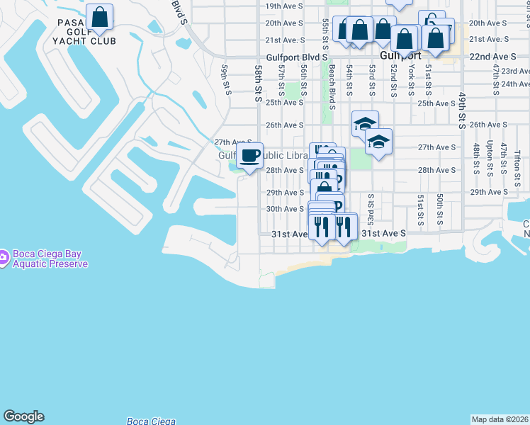 map of restaurants, bars, coffee shops, grocery stores, and more near 3001 Dupont Street South in Gulfport