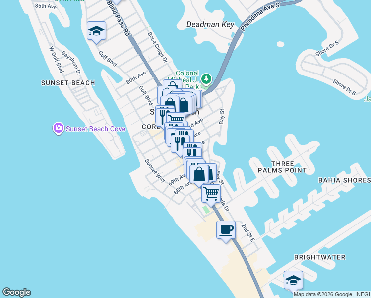 map of restaurants, bars, coffee shops, grocery stores, and more near 415 71st Avenue in Saint Pete Beach