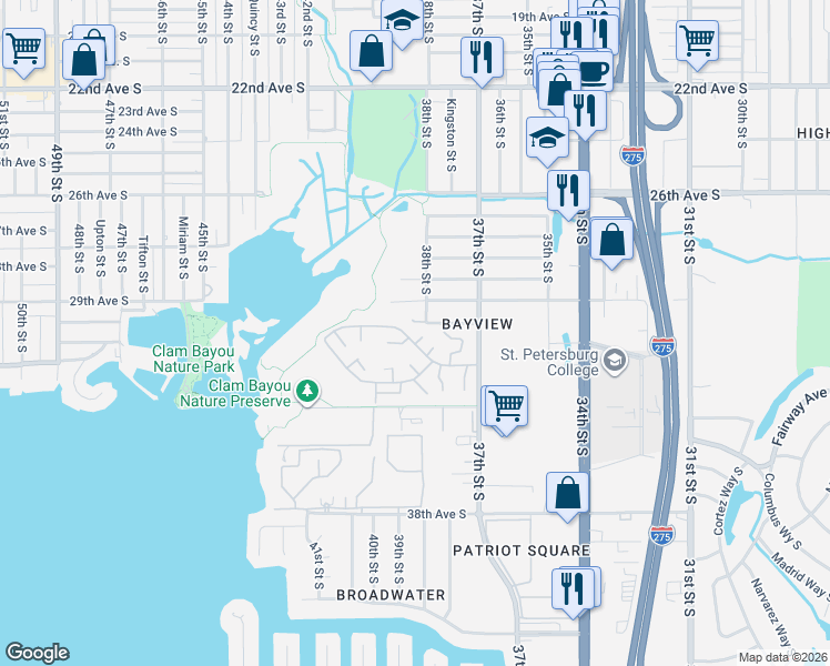 map of restaurants, bars, coffee shops, grocery stores, and more near 3202 39th Street South in St. Petersburg