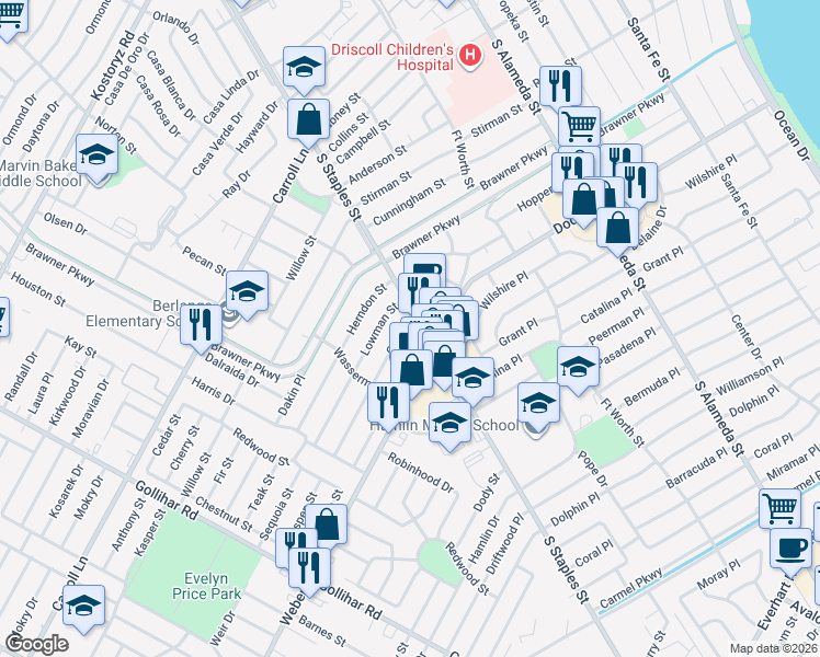 map of restaurants, bars, coffee shops, grocery stores, and more near 3908 Cott Street in Corpus Christi