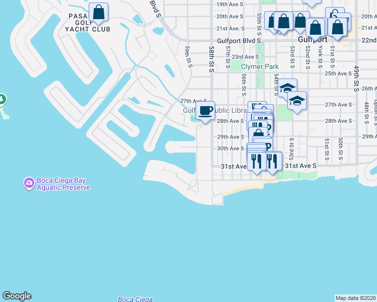 map of restaurants, bars, coffee shops, grocery stores, and more near 5960 30th Avenue South in Gulfport