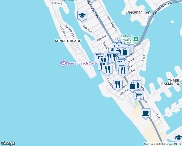 map of restaurants, bars, coffee shops, grocery stores, and more near 7434 Bayshore Drive in Treasure Island