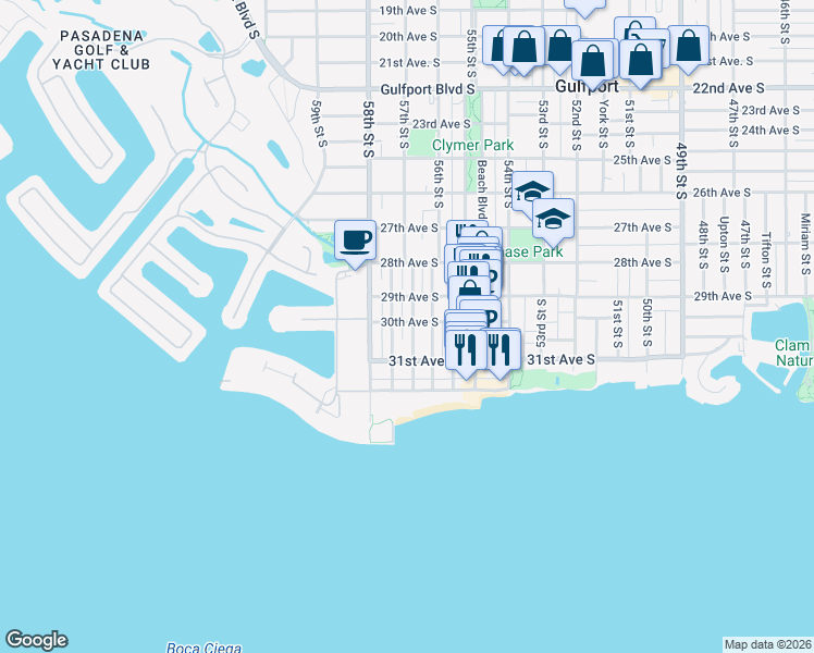 map of restaurants, bars, coffee shops, grocery stores, and more near 3001 57th Street South in Gulfport