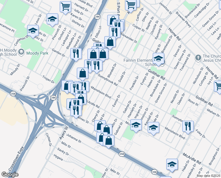 map of restaurants, bars, coffee shops, grocery stores, and more near 4726 Dodd Drive in Corpus Christi