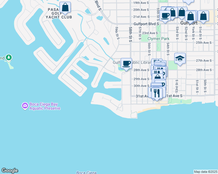 map of restaurants, bars, coffee shops, grocery stores, and more near 5960 30th Avenue South in Gulfport