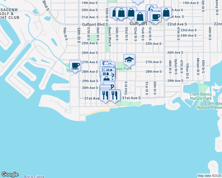 map of restaurants, bars, coffee shops, grocery stores, and more near 5409 Delette Avenue South in Gulfport