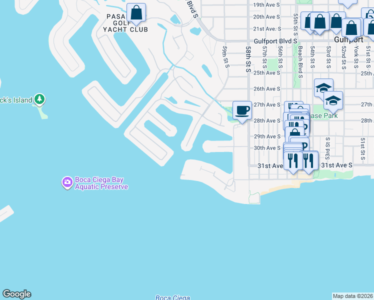 map of restaurants, bars, coffee shops, grocery stores, and more near 2846 Skimmer Point Drive South in Gulfport
