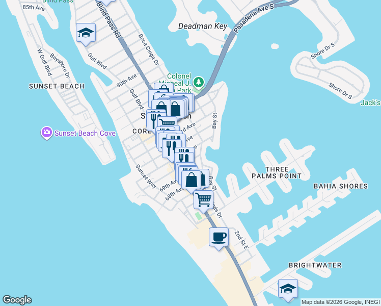map of restaurants, bars, coffee shops, grocery stores, and more near 360 71st Avenue in St. Pete Beach