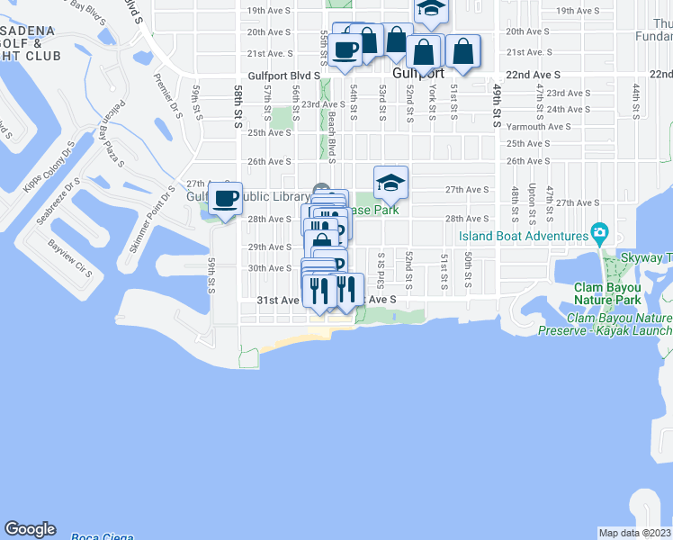 map of restaurants, bars, coffee shops, grocery stores, and more near 5444 30th Avenue South in Gulfport