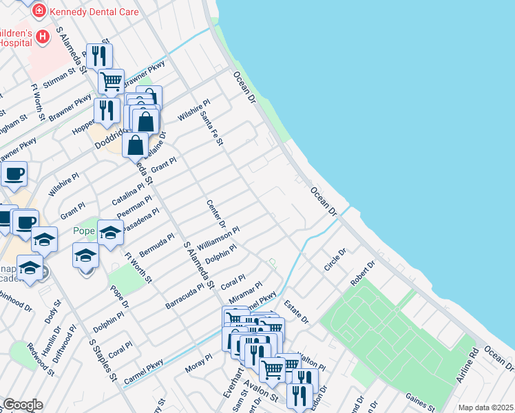 map of restaurants, bars, coffee shops, grocery stores, and more near 301 Williamson Place in Corpus Christi
