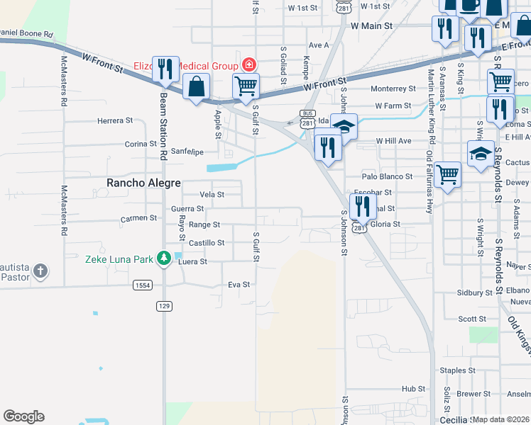 map of restaurants, bars, coffee shops, grocery stores, and more near 1000 Range Street in Alice