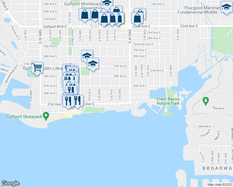 map of restaurants, bars, coffee shops, grocery stores, and more near 3030 50th Street South in Gulfport