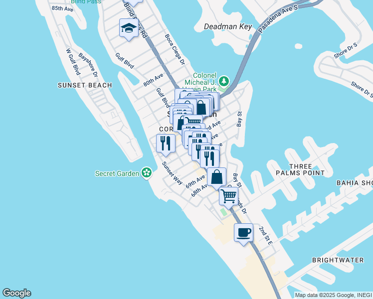 map of restaurants, bars, coffee shops, grocery stores, and more near 505 71st Avenue in St. Pete Beach