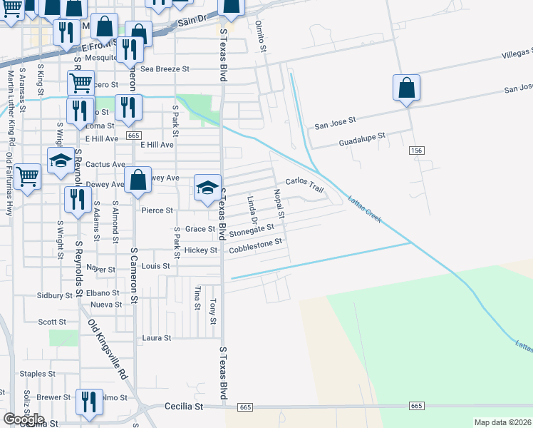 map of restaurants, bars, coffee shops, grocery stores, and more near 1117 Stonegate Street in Alice