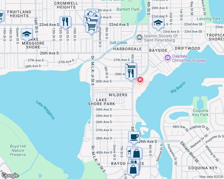 map of restaurants, bars, coffee shops, grocery stores, and more near 770 32nd Avenue South in St. Petersburg