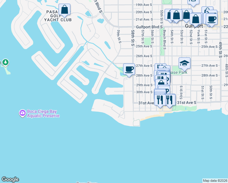 map of restaurants, bars, coffee shops, grocery stores, and more near 5960 30th Avenue South in Gulfport