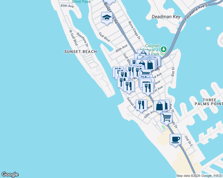 map of restaurants, bars, coffee shops, grocery stores, and more near 7403 Bayshore Drive in Treasure Island