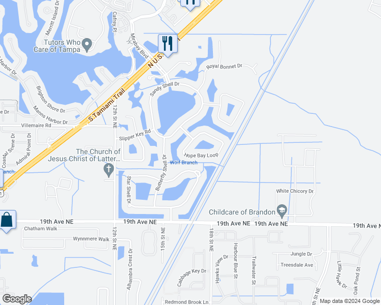 map of restaurants, bars, coffee shops, grocery stores, and more near 355 Hope Bay Loop in Apollo Beach