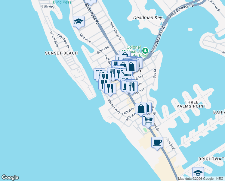map of restaurants, bars, coffee shops, grocery stores, and more near 526 Corey Avenue in St. Pete Beach
