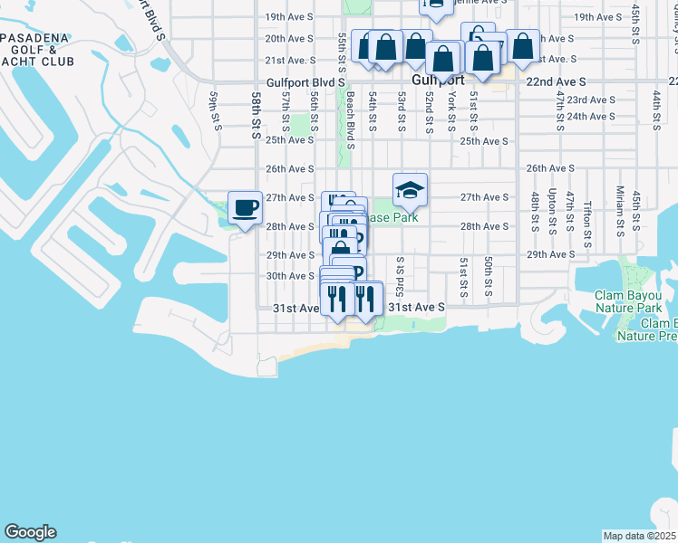 map of restaurants, bars, coffee shops, grocery stores, and more near 5513 29th Avenue South in Gulfport