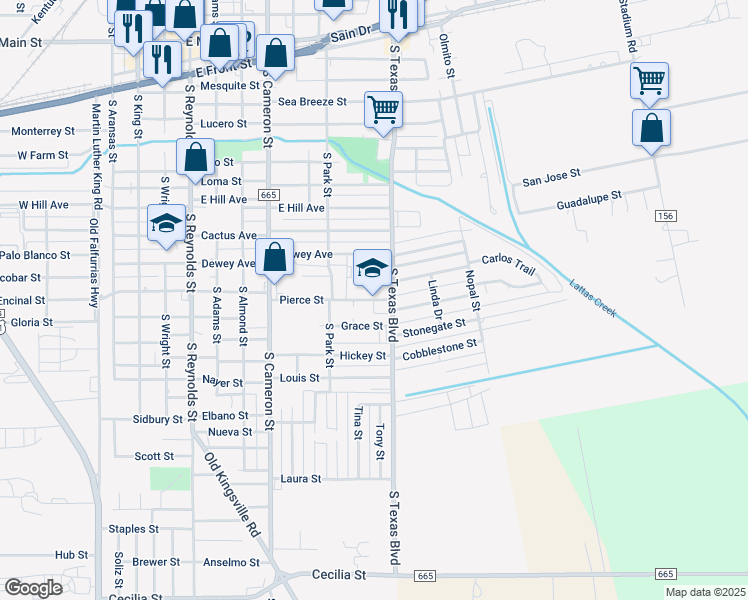 map of restaurants, bars, coffee shops, grocery stores, and more near 1028 Pierce Street in Alice