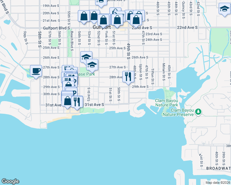 map of restaurants, bars, coffee shops, grocery stores, and more near 3003 50th Street South in Gulfport