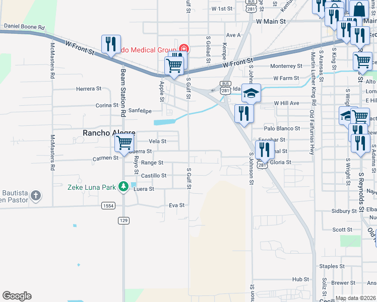 map of restaurants, bars, coffee shops, grocery stores, and more near South Gulf Street in Alice
