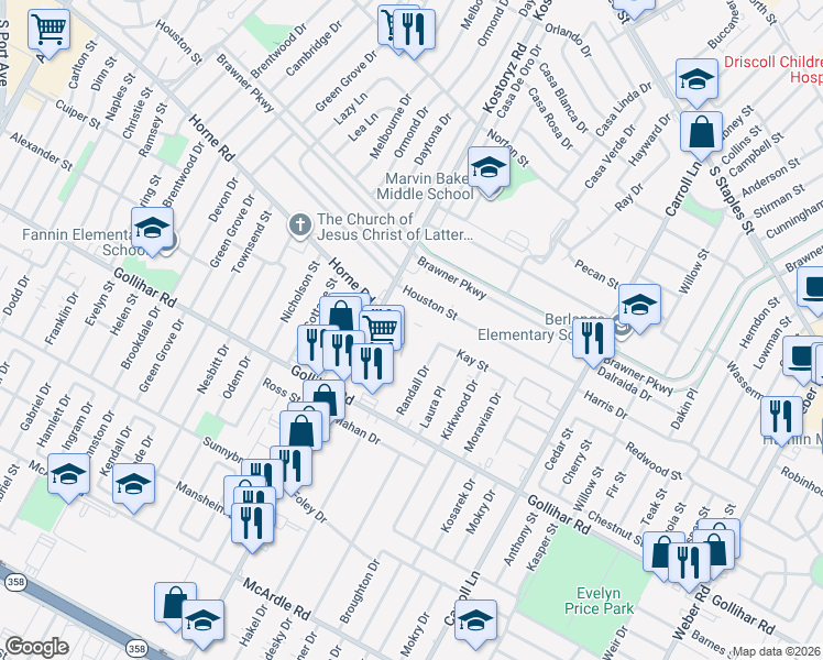 map of restaurants, bars, coffee shops, grocery stores, and more near 4322 Kostoryz Road in Corpus Christi