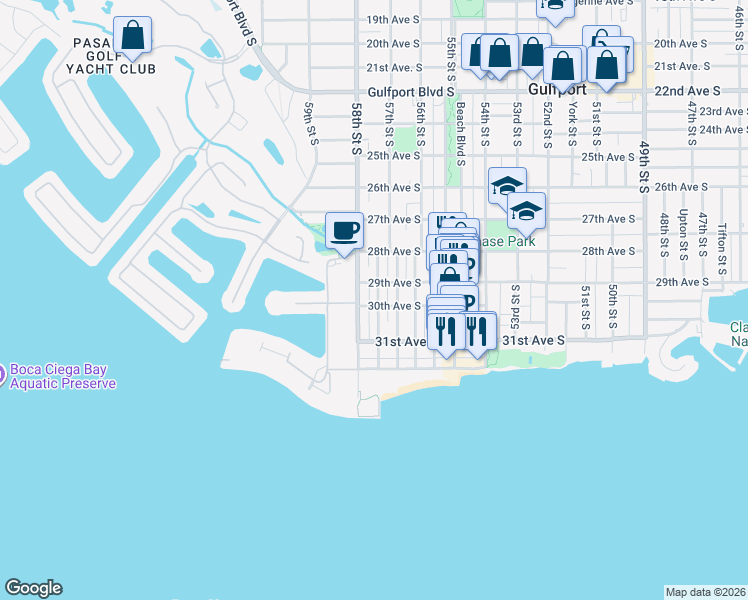 map of restaurants, bars, coffee shops, grocery stores, and more near 2901 Dupont Street South in Gulfport