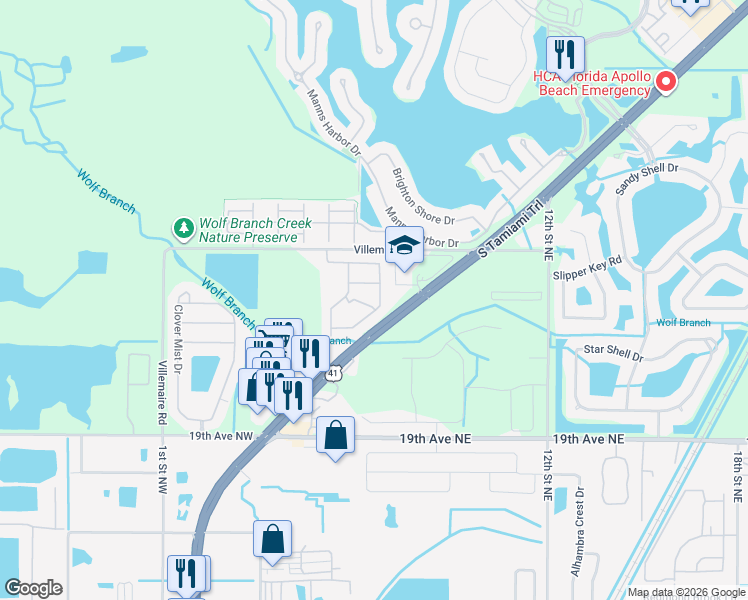 map of restaurants, bars, coffee shops, grocery stores, and more near 206 Shell Creek Court in Apollo Beach