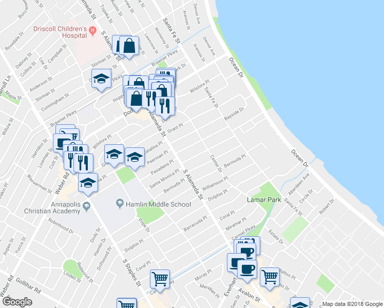 map of restaurants, bars, coffee shops, grocery stores, and more near 432 Pasadena Place in Corpus Christi