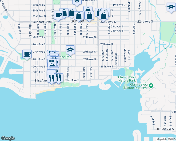 map of restaurants, bars, coffee shops, grocery stores, and more near 4938 29th Avenue South in Gulfport