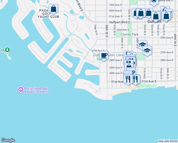map of restaurants, bars, coffee shops, grocery stores, and more near 2824 Skimmer Point Drive South in Gulfport