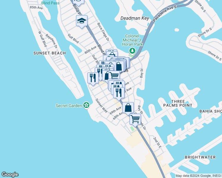map of restaurants, bars, coffee shops, grocery stores, and more near 7301 Gulf Boulevard in St. Pete Beach