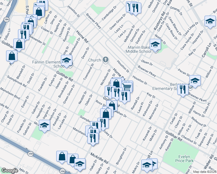 map of restaurants, bars, coffee shops, grocery stores, and more near 4330 Nicholson Street in Corpus Christi