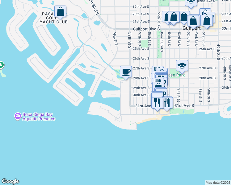 map of restaurants, bars, coffee shops, grocery stores, and more near 5935 30th Avenue South in Gulfport