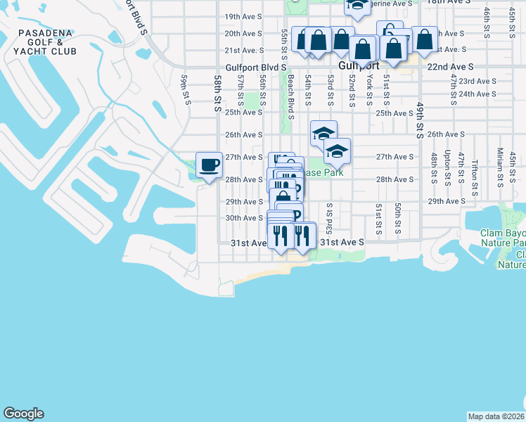 map of restaurants, bars, coffee shops, grocery stores, and more near 2926 Clinton Street South in Gulfport