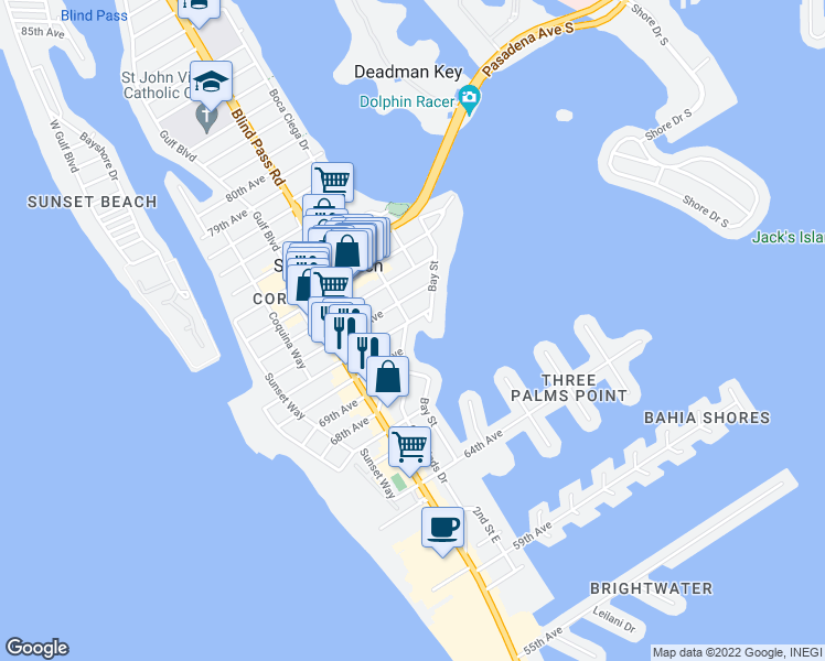 map of restaurants, bars, coffee shops, grocery stores, and more near 7025 Boca Ciega Drive in Saint Pete Beach