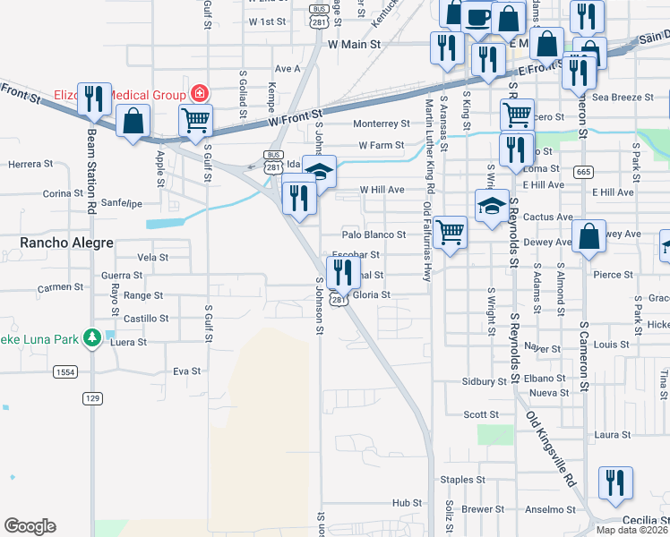 map of restaurants, bars, coffee shops, grocery stores, and more near 507 Escobar Street in Alice