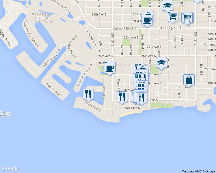 map of restaurants, bars, coffee shops, grocery stores, and more near 2850 59th Street South in Gulfport