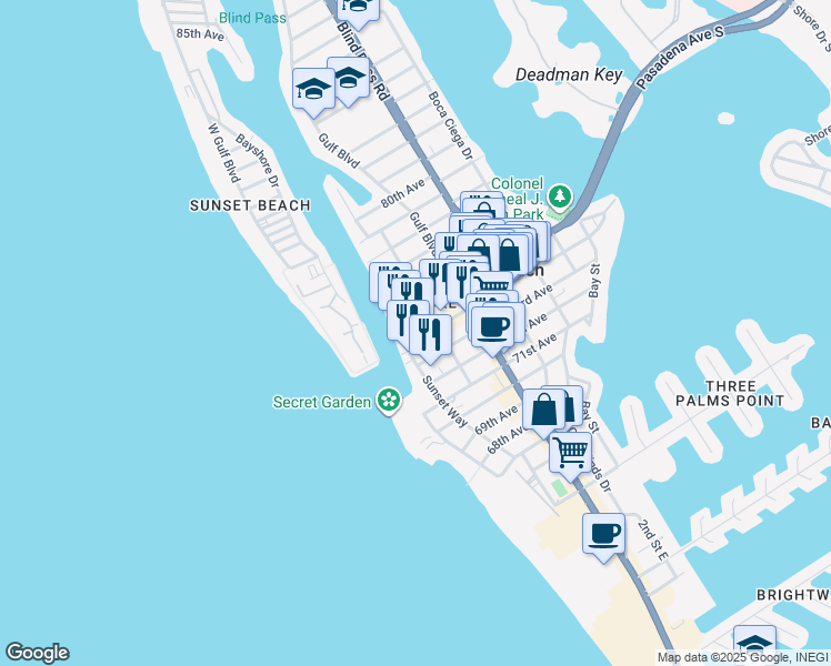 map of restaurants, bars, coffee shops, grocery stores, and more near 635 Corey Avenue in Saint Pete Beach