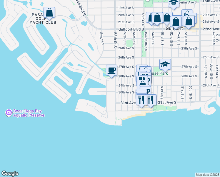 map of restaurants, bars, coffee shops, grocery stores, and more near 2850 59th Street South in Gulfport