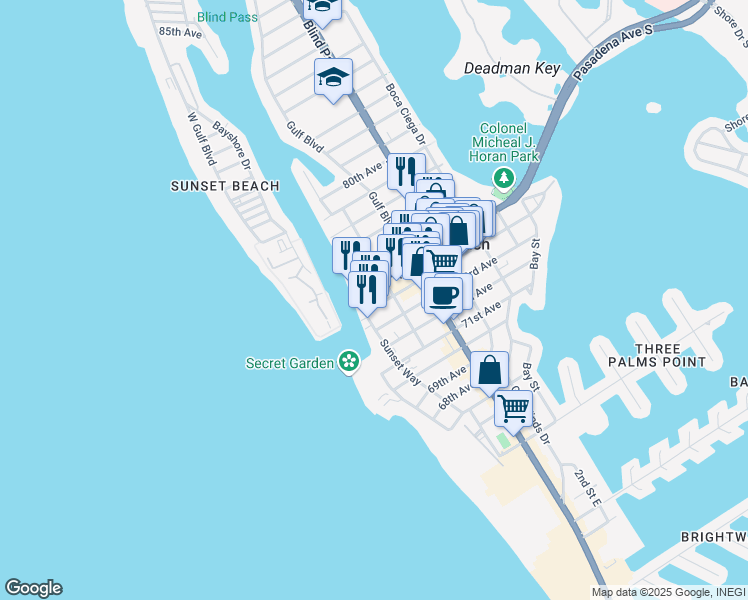 map of restaurants, bars, coffee shops, grocery stores, and more near 635 Corey Avenue in Saint Petersburg
