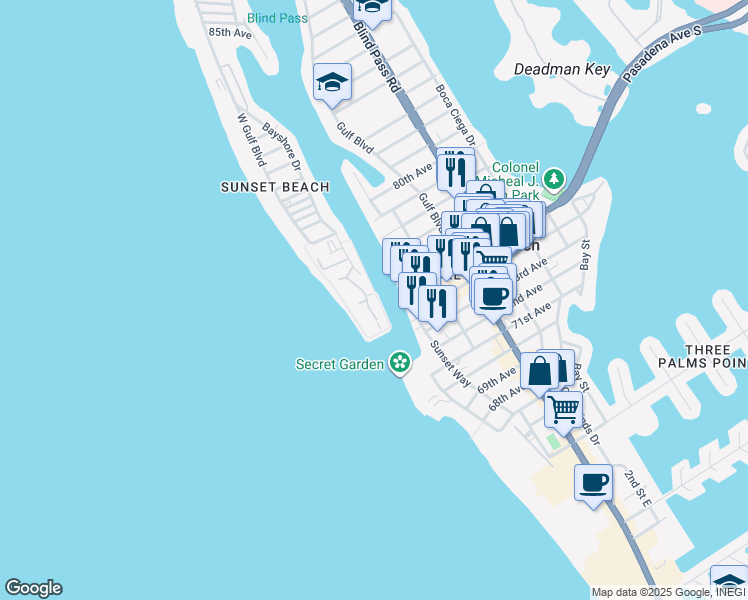 map of restaurants, bars, coffee shops, grocery stores, and more near 7467 Bayshore Drive in Treasure Island