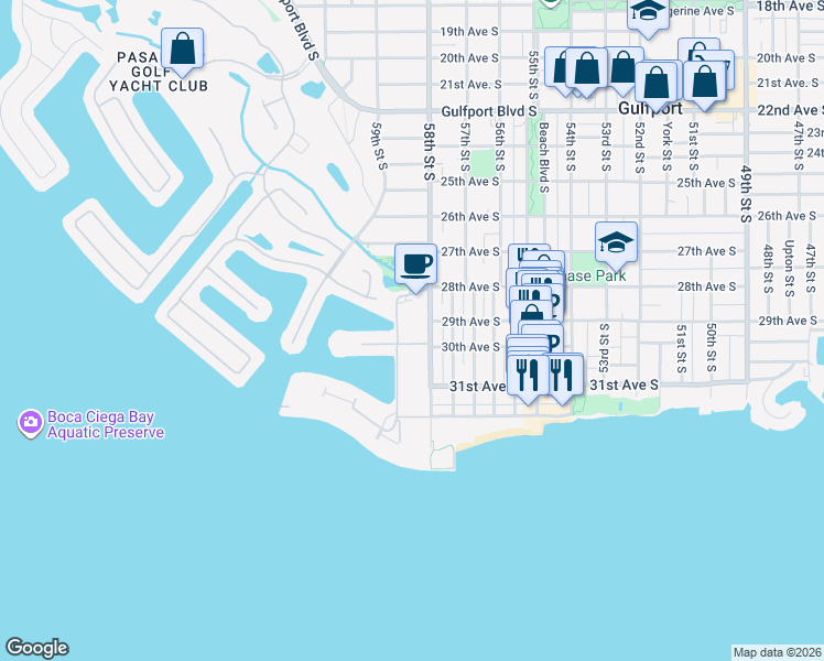 map of restaurants, bars, coffee shops, grocery stores, and more near 2850 59th Street South in Gulfport