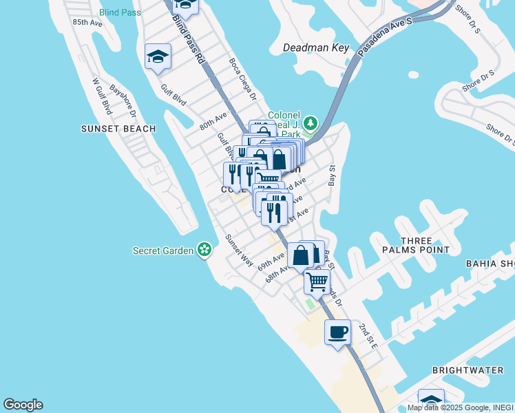 map of restaurants, bars, coffee shops, grocery stores, and more near 7301 Gulf Boulevard in St. Pete Beach