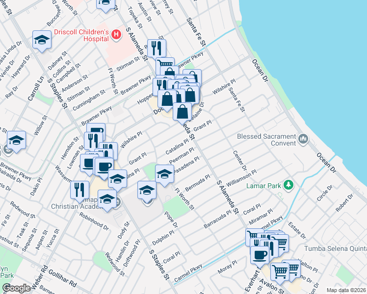 map of restaurants, bars, coffee shops, grocery stores, and more near 505 Catalina Place in Corpus Christi