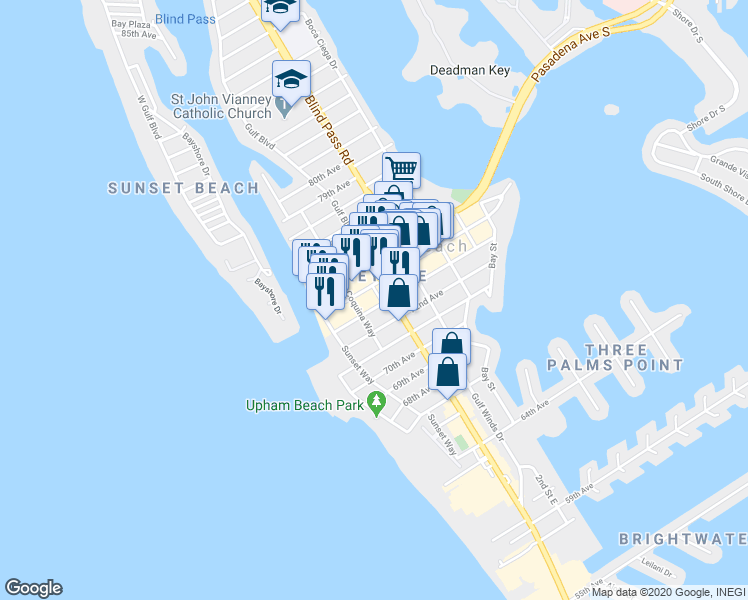 map of restaurants, bars, coffee shops, grocery stores, and more near 525 73rd Avenue in Saint Pete Beach