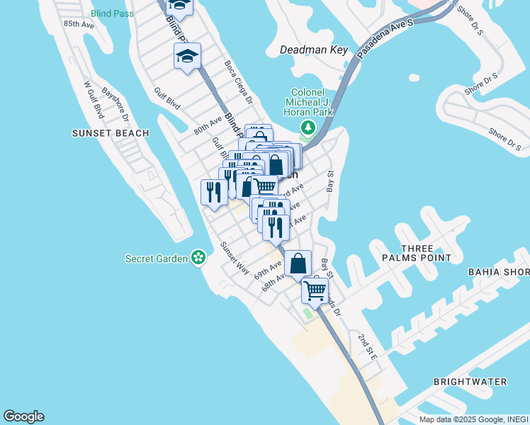 map of restaurants, bars, coffee shops, grocery stores, and more near 7301 Gulf Boulevard in St. Pete Beach