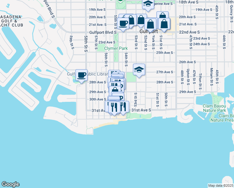map of restaurants, bars, coffee shops, grocery stores, and more near 5513 29th Avenue South in Gulfport